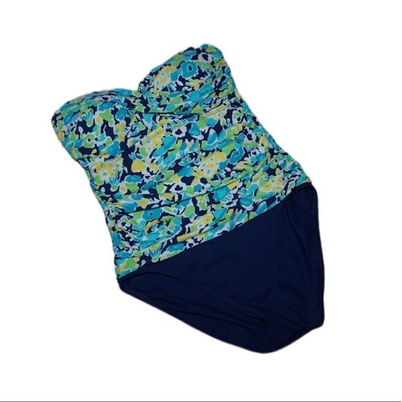 Ralph Lauren Blue & Green Floral Strapless One-piece Swimsuit, Size 8 - Picture 1 of 5